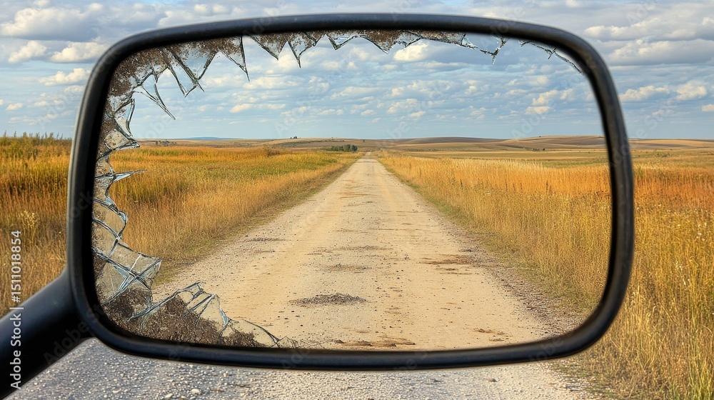 A split rearview mirror captures a muddy road merging into a wintry, leafless scene, indicating previous journeys and upcoming destinations A split rearview mirror captures a muddy road merging into a wintry, leafless scene, indicating previous journeys and upcoming destinations