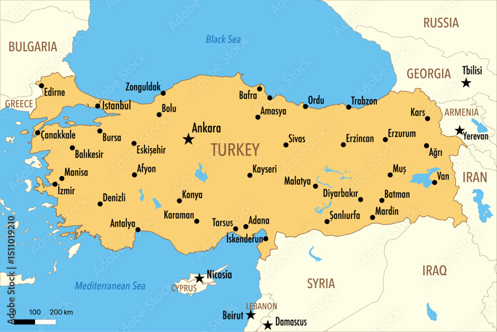 Fototapeta premium Vector Map of Turkey (Turkiye) with Major Cities and Neighboring Countries – Editable Illustration
