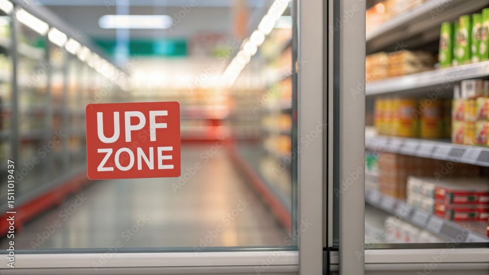 Fototapeta premium Ultra-Processed Food: Health Risks Concept, Blurry grocery aisle with a sign indicating 