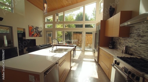 Sunlit Modern Kitchen with Island and Patio View