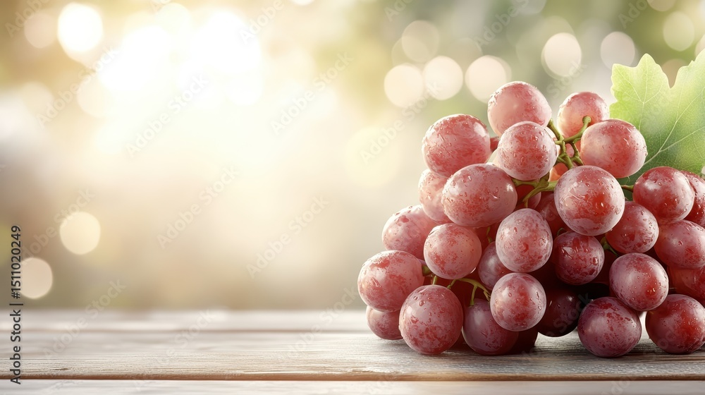 A cluster of vibrant red grapes rests on a wooden table against a soft, blurred background, evoking freshness and natural beauty associated with healthy living. A cluster of vibrant red grapes rests on a wooden table against a soft, blurred background, evoking freshness and natural beauty associated with healthy living.