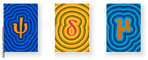 Set of Greek letters Psi, Delta, and Mu in bold colors and concentric ripple patterns. Vector illustration.