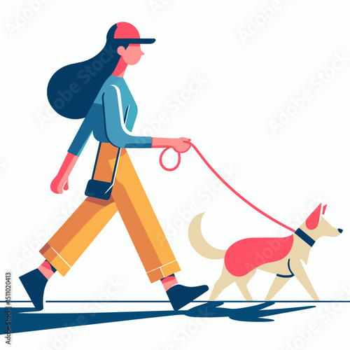 Young woman walking dog on leash in colorful urban setting  