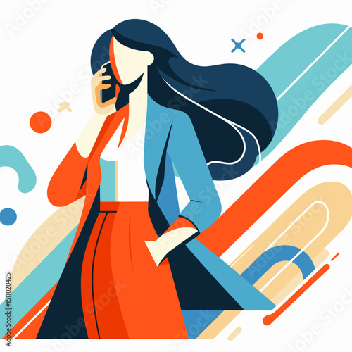 Abstract illustration of a woman talking on a phone with colorful waves  