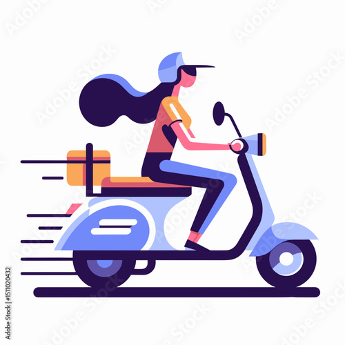 Young woman riding scooter with delivery bag in colorful illustration  