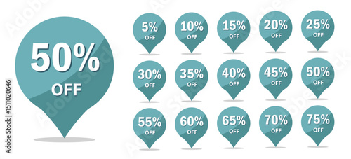 A collection of stylish blue-green discount pin markers, ranging from 5% to 75% off, ideal for highlighting online sales, digital promotions, special offers on maps or websites, ecommerce marketing
