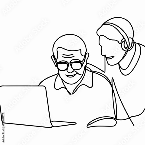 Senior learning computer with help in minimalist line art