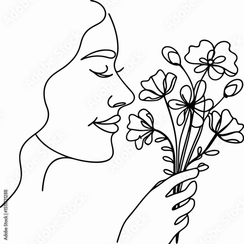 Woman smelling bouquet of flowers in minimalist line art