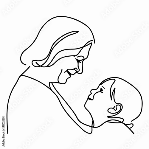 Grandmother and child smiling affectionately in line art