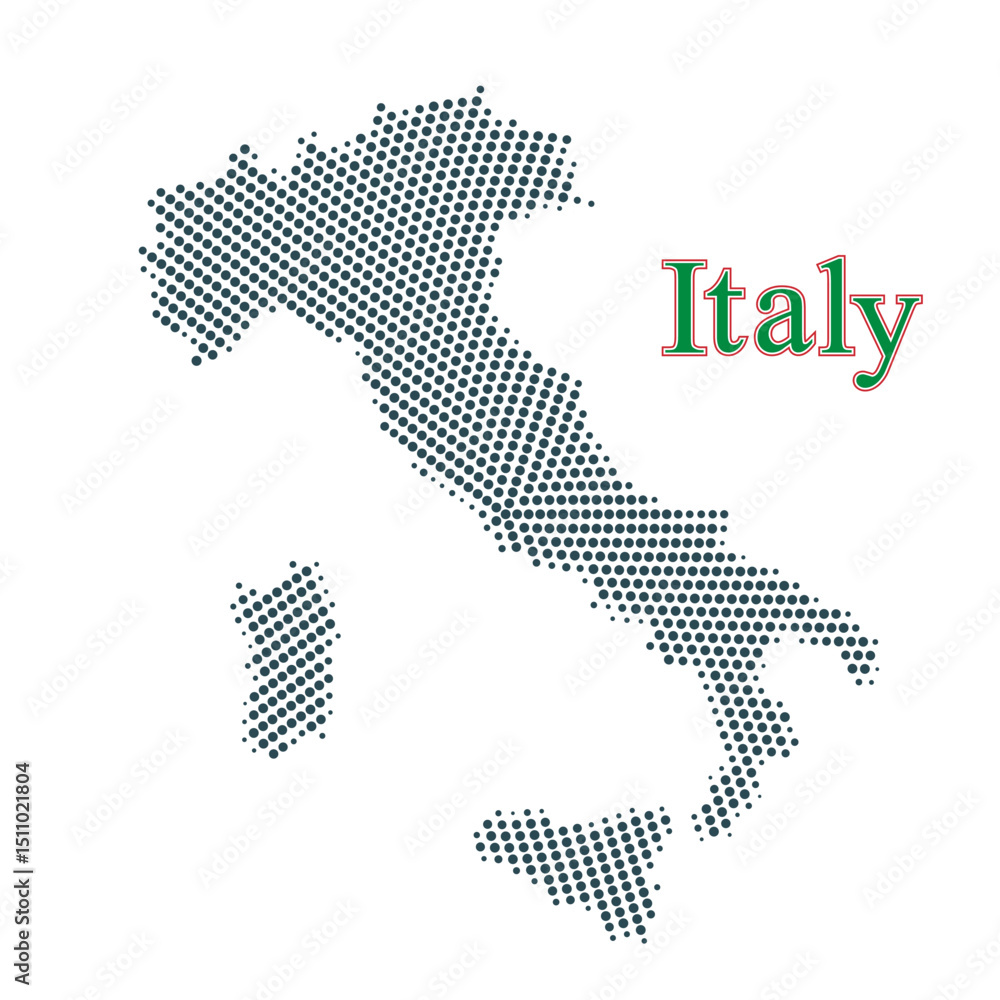 Obraz premium Vector halftone map of Italy with dotted pattern design, abstract minimal layout ideal for geographic posters, travel graphics, education materials, and infographic elements
