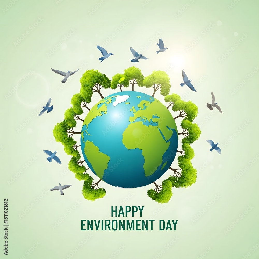 Naklejka premium World Globe Surrounded by Trees and Birds for Environment Day Celebration