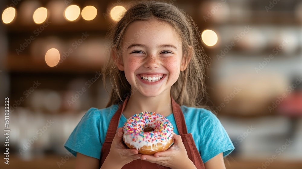 A cheerful young girl joyfully holds a decorated donut in a warm bakery setting, encapsulating the joy of childhood and sweet treats in a friendly atmosphere. A cheerful young girl joyfully holds a decorated donut in a warm bakery setting, encapsulating the joy of childhood and sweet treats in a friendly atmosphere.