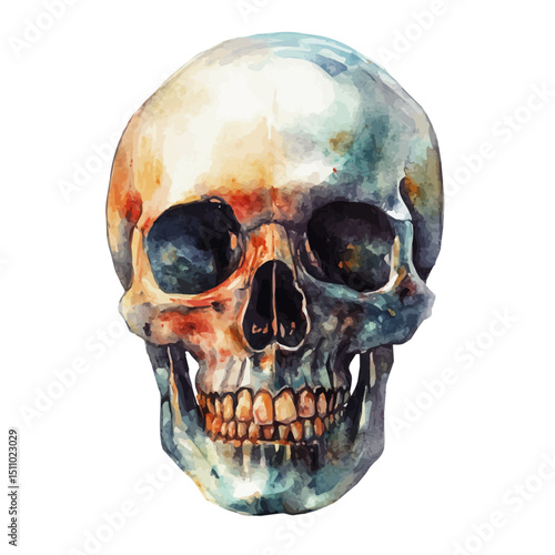 watercolor vector of Halloween Skull, high quality, isolated on a white background.