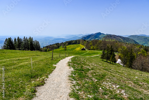 Weissenstein, Hausberg, Aussichtspunkt, Wanderweg, Röti, Hasenmatt, Mittelland, Jura, Kalkfelsen, Aare, Fluss, Landwirtschaft, Bergwiese, Bielersee, Frühling, Solothurn, Schweiz