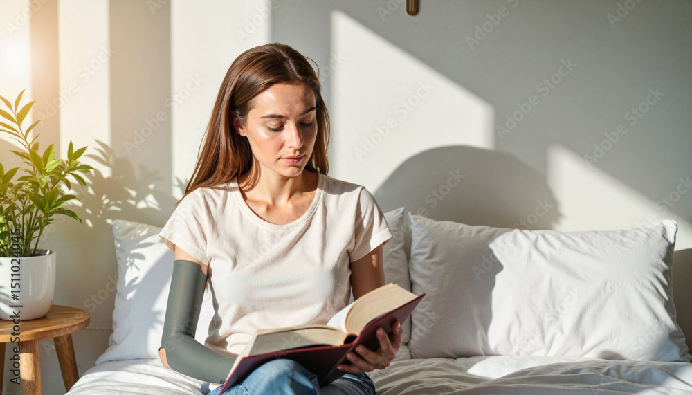 Obraz premium Young woman reading peacefully in modern bedroom, embracing tranquility