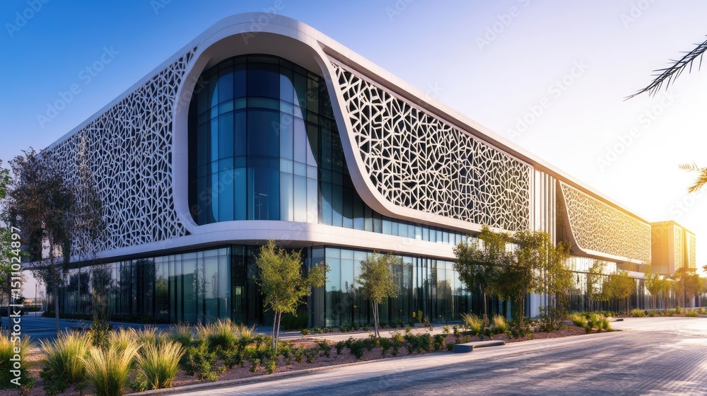 Fototapeta premium Modern building with intricate facade and landscaping
