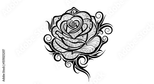 Black and white intricate rose tattoo design with decorative swirls  