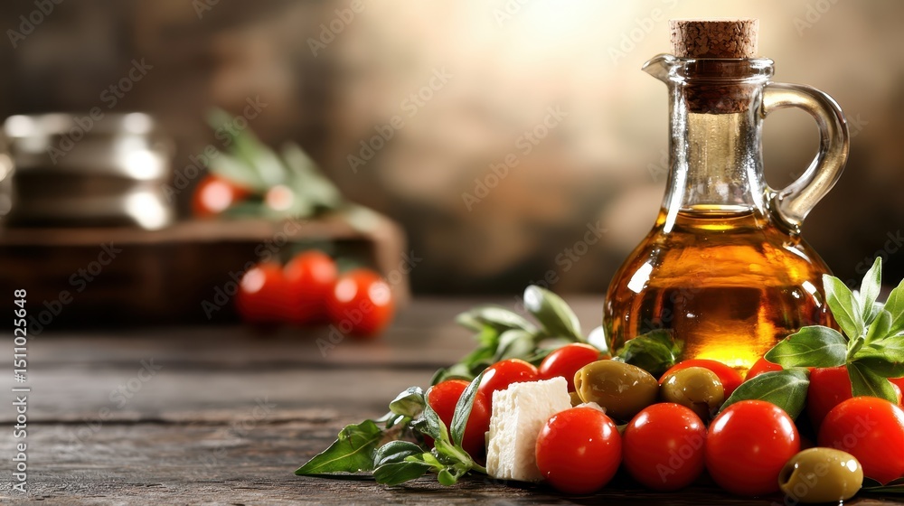 A beautifully arranged display of fresh cherry tomatoes, green olives, and olive oil in a glass bottle, emphasizing the importance of healthy ingredients in cooking. A beautifully arranged display of fresh cherry tomatoes, green olives, and olive oil in a glass bottle, emphasizing the importance of healthy ingredients in cooking.