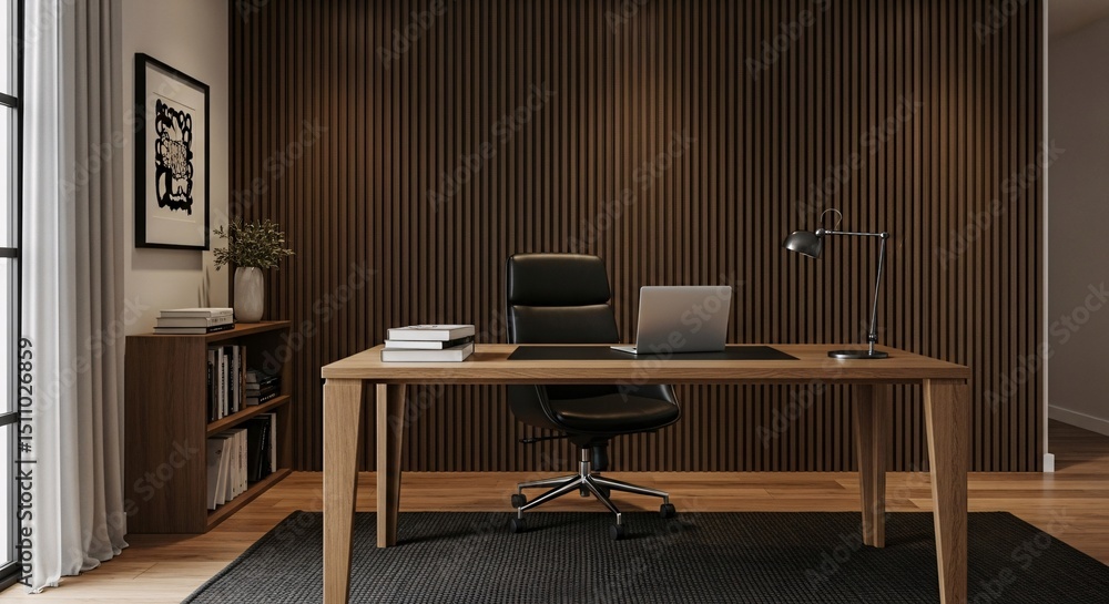 Fototapeta premium A sophisticated office interior featuring a desk, chair, and bookshelf