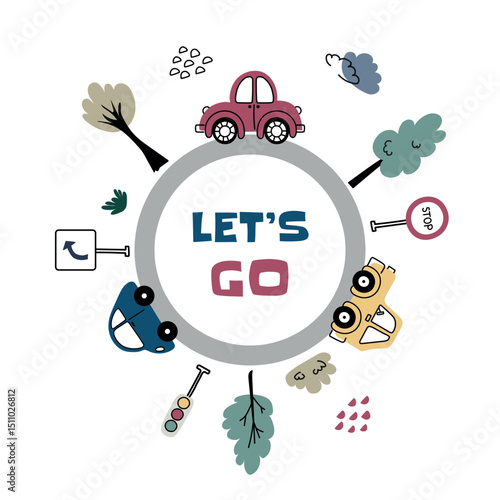 Playful Road Trip Graphic with Vehicles and Trees.  Cars and traffic signs arranged around a circular road with playful trees and the phrase Let's Go in the center