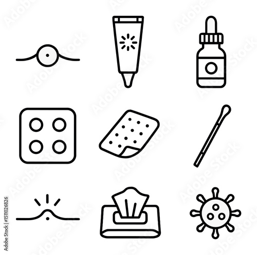 Acne Treatment Icons. Outline icon set of acne treatment and prevention: blemish spot, salicylic acid tube, spot treatment bottle,