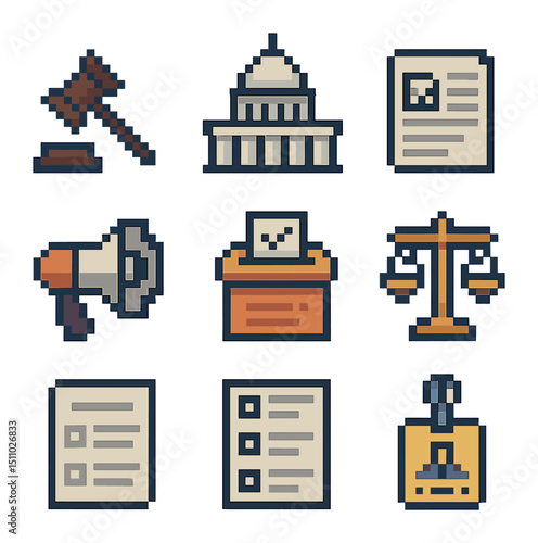 Advocacy Icon Set. Pixel art icon set of policy advocacy and lobbying: gavel icon, legislative building, policy document,