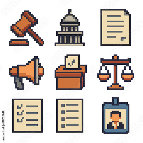 Advocacy Icon Set. Pixel art icon set of policy advocacy and lobbying: gavel icon, legislative building, policy document,