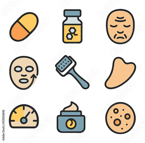 Anti-Aging Icon Set. Flat icon set of anti-aging treatments: retinol capsule, collagen peptide vial, wrinkle line, lifting mask,