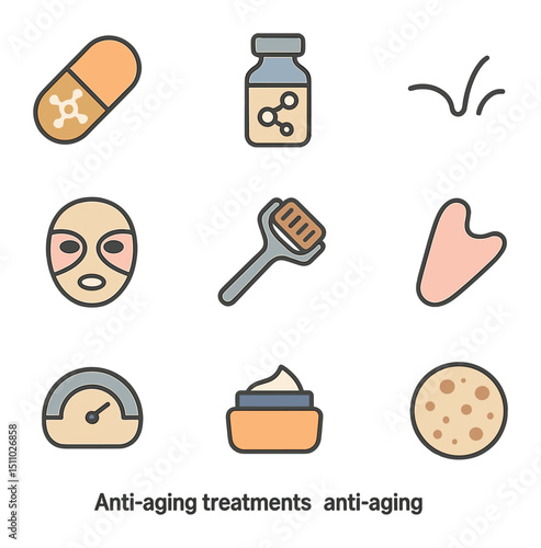 Anti-Aging Icon Set. Flat icon set of anti-aging treatments: retinol capsule, collagen peptide vial, wrinkle line, lifting mask,