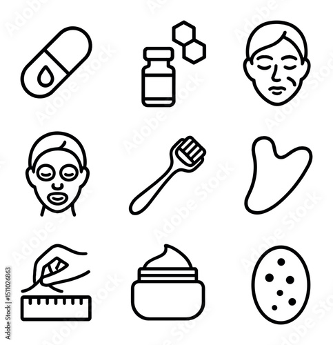 Anti-Aging Icon Set. Outline icon set of anti-aging treatments: retinol capsule, collagen peptide vial, wrinkle line, lifting mask