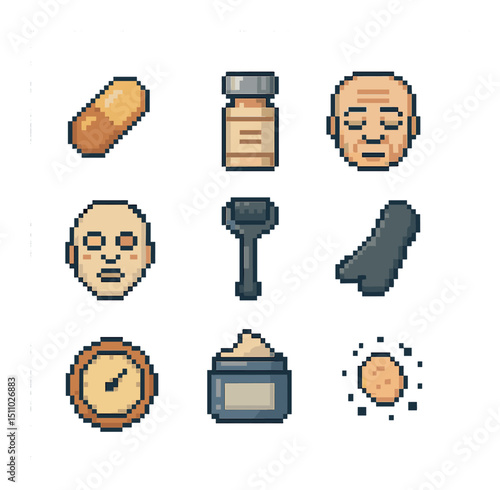 Anti-Aging Icon Art. Pixel art icon set of anti-aging treatments: retinol capsule, collagen peptide vial, wrinkle line, lifting