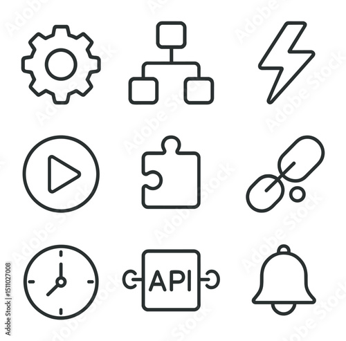 Automation Tools Icons. Outline icon set of automation and workflow tools: gear cog, flowchart node, trigger lightning, action