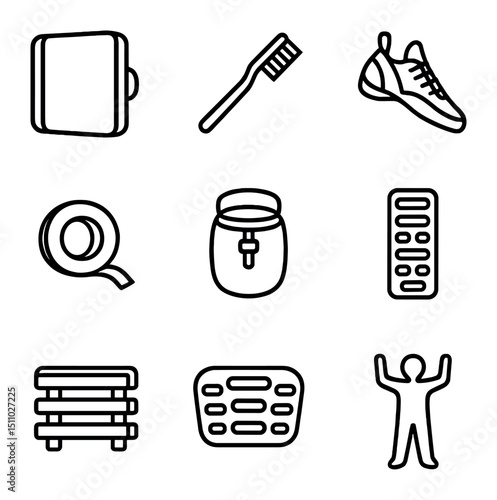 Bouldering Essentials Icons. Outline icon set of bouldering essentials: crash pad, climbing brush, climbing shoes, tape, chalk bag