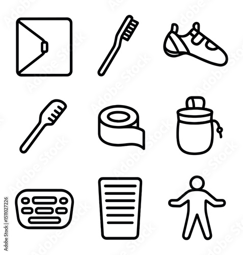 Bouldering Essentials Icons. Outline icon set of bouldering essentials: crash pad, climbing brush, climbing shoes, tape, chalk bag