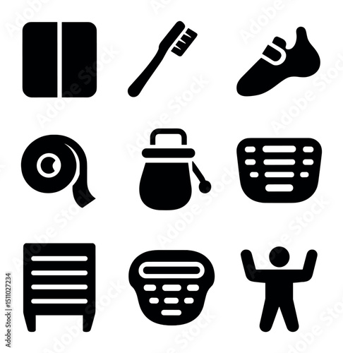 Bouldering Essentials Icons. Solid, Filled icon set of bouldering essentials: crash pad, climbing brush, climbing shoes, tape,