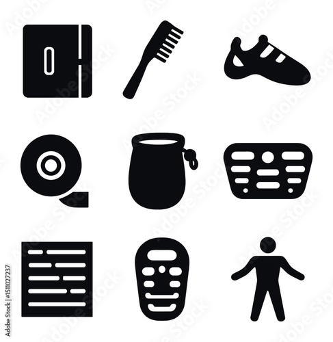 Bouldering Essentials Icons. Solid, Filled icon set of bouldering essentials: crash pad, climbing brush, climbing shoes, tape,