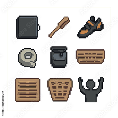 Bouldering Essentials Icons. Pixel art icon set of bouldering essentials: crash pad, climbing brush, climbing shoes, tape, chalk
