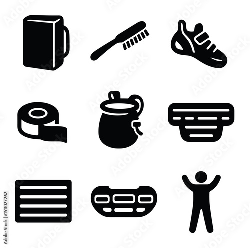 Bouldering Gear Icons. Flat icon set of bouldering essentials: crash pad, climbing brush, climbing shoes, tape, chalk bag,