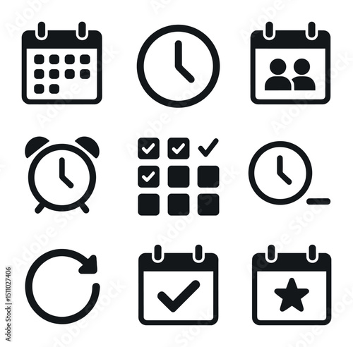 Calendar Tools Icons. Flat icon set of calendar and scheduling tools: month view calendar, day view clock, meeting invitation,