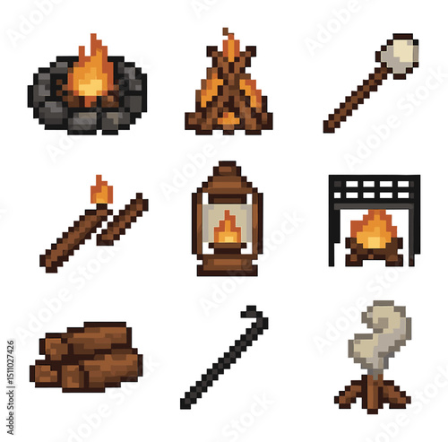 Campfire Icon Set. Pixel art icon set of campfire and outdoor fire: campfire ring, log teepee, marshmallow on stick, firestarter,
