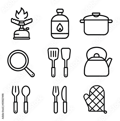 Camping Cooking Icon Set. Outline icon set of camping cooking tools: portable stove, fuel canister, cooking pot, frying pan,