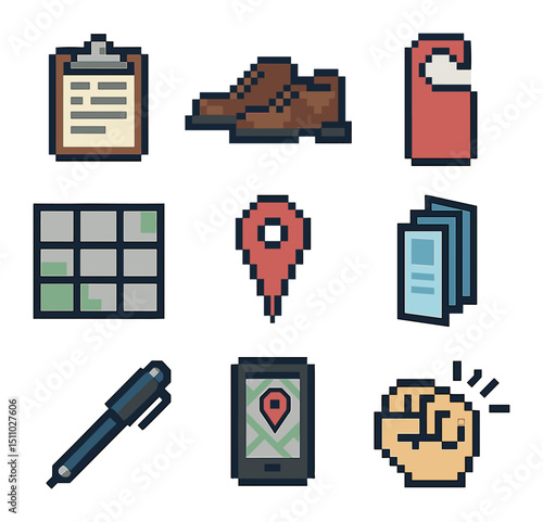 Canvassing Tool Icons. Pixel art icon set of door-to-door canvassing tools: clipboard, walking shoes, door hanger, map grid,