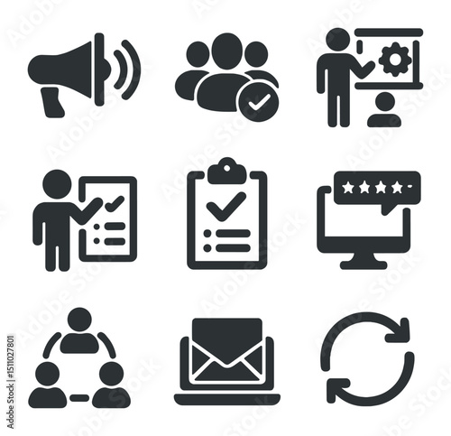Change Management Icons. Flat icon set of change management phases: awareness campaign, stakeholder analysis, training session,