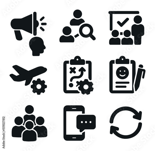 Change Management Icons. Solid, Filled icon set of change management phases: awareness campaign, stakeholder analysis, training