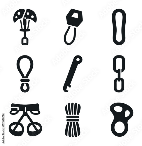 Climbing Gear Icons. Solid, Filled icon set of trad climbing gear: camming device, hex nut, sling, cordelette, nut key, quickdraw,