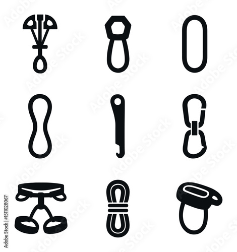 Climbing Gear Icons. Solid, Filled icon set of trad climbing gear: camming device, hex nut, sling, cordelette, nut key, quickdraw,