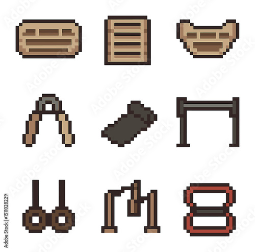 Climbing Training Icons. Pixel art icon set of climbing training methods: hangboard, campus board, fingerboard, grip trainer, pull