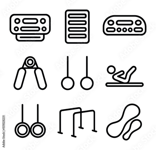 Climbing Training Icons. Outline icon set of climbing training methods: hangboard, campus board, fingerboard, grip trainer,