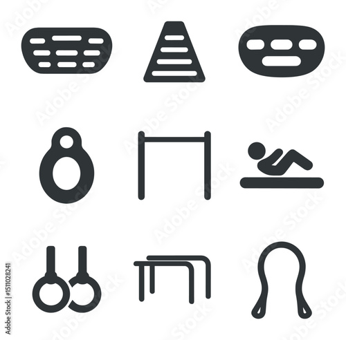 Climbing Training Icons. Flat icon set of climbing training methods: hangboard, campus board, fingerboard, grip trainer, pull‐up