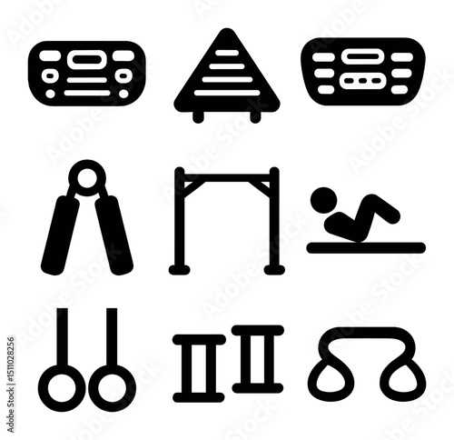 Climbing Training Icons. Solid, Filled icon set of climbing training methods: hangboard, campus board, fingerboard, grip trainer,